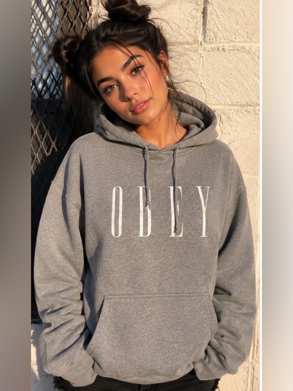 OBEY Gray Font Logo Pull Over Hoodie Womens Size L (Unisex).